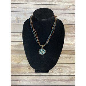Beaded Necklace With Turquoise Pendant.Brown and Blue Beaded